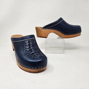 Trolls x Samhall Size 5 Wide Blue Braided Leather Wooden Sole Clogs Mules Slides